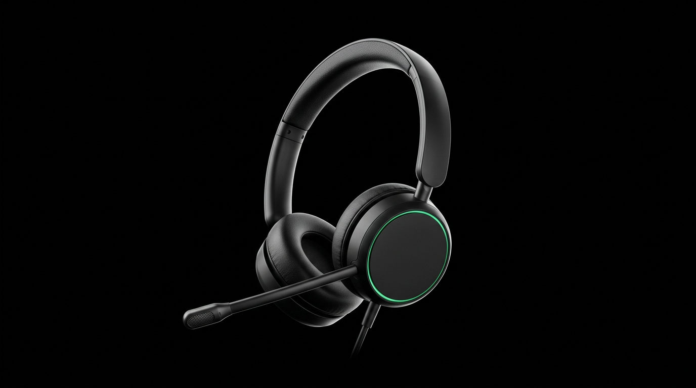 Black call-center headset with a glowing green ring on the earcup