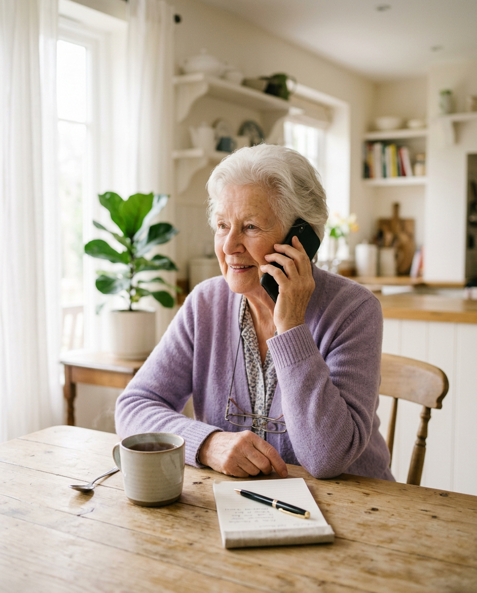 An elderly woman talking on her phone at a kitchen table