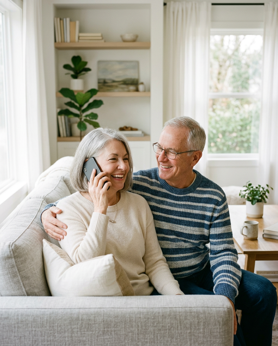 A smiling senior couple on a phone call at home