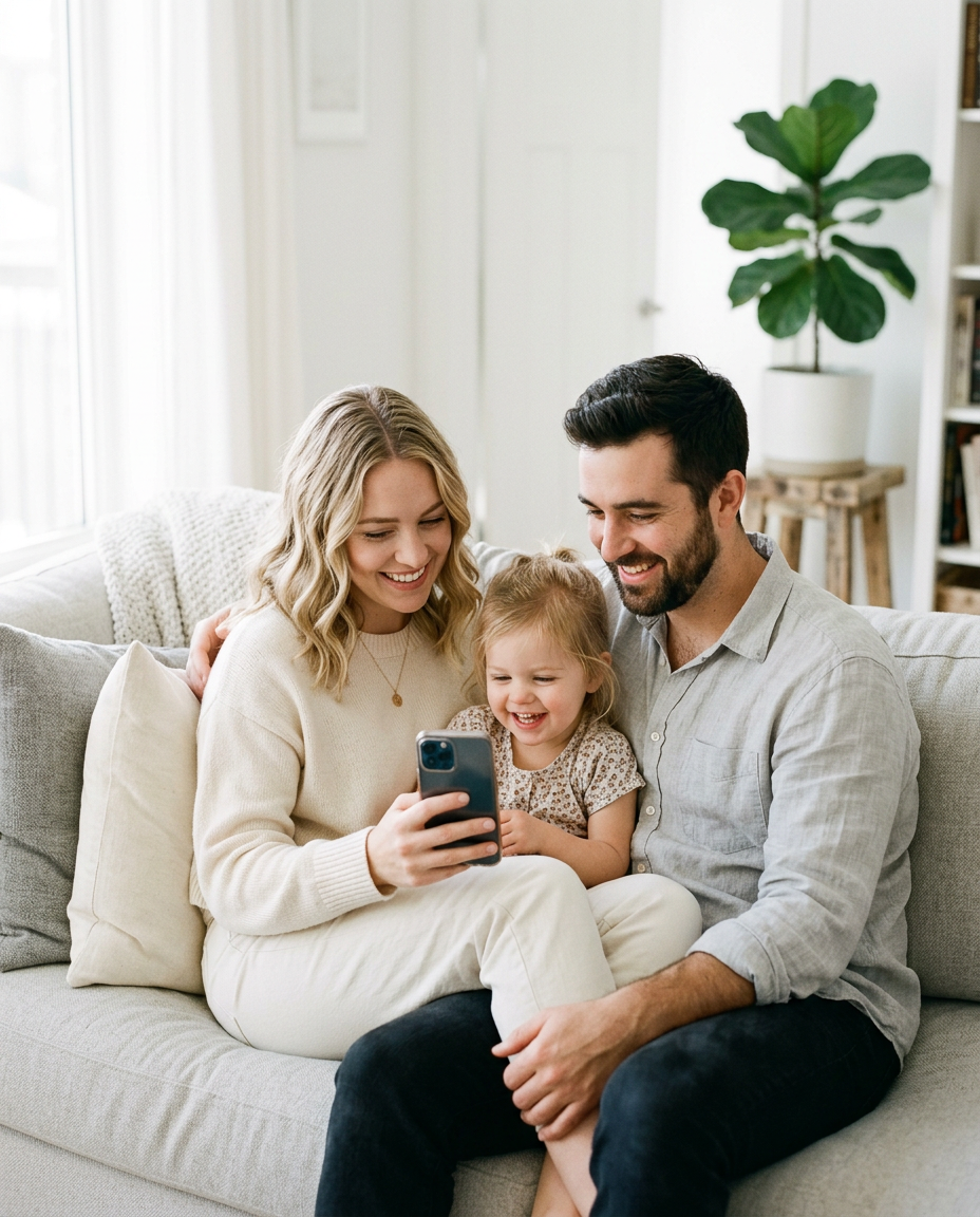 A young family on a sofa looking at a phone together
